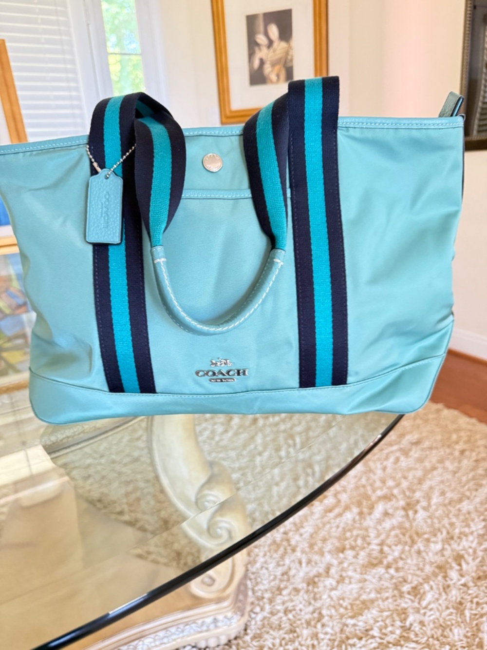 COACH CA208 Ellis Tote Bag Teal Nylon Medium Navy Cotton Straps Hang Tag - Picture 7 of 14